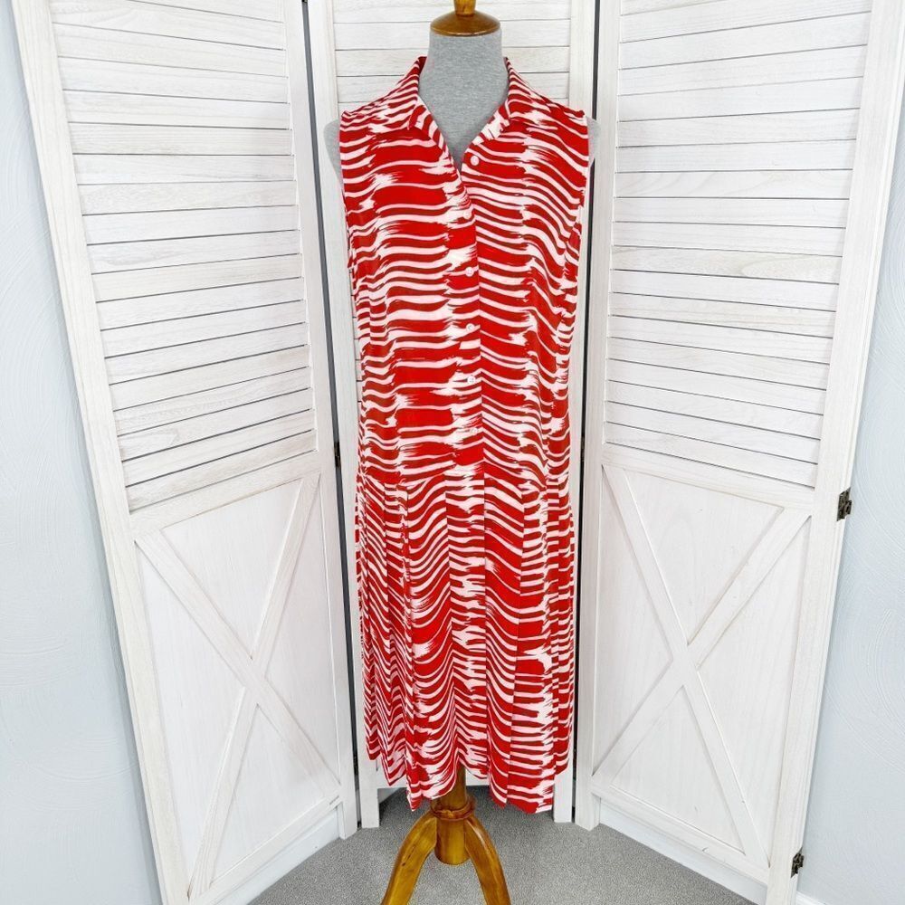 Cabi Brushstroke Drop Waist Pleated Sleeveless Shift Dress Red White Medium